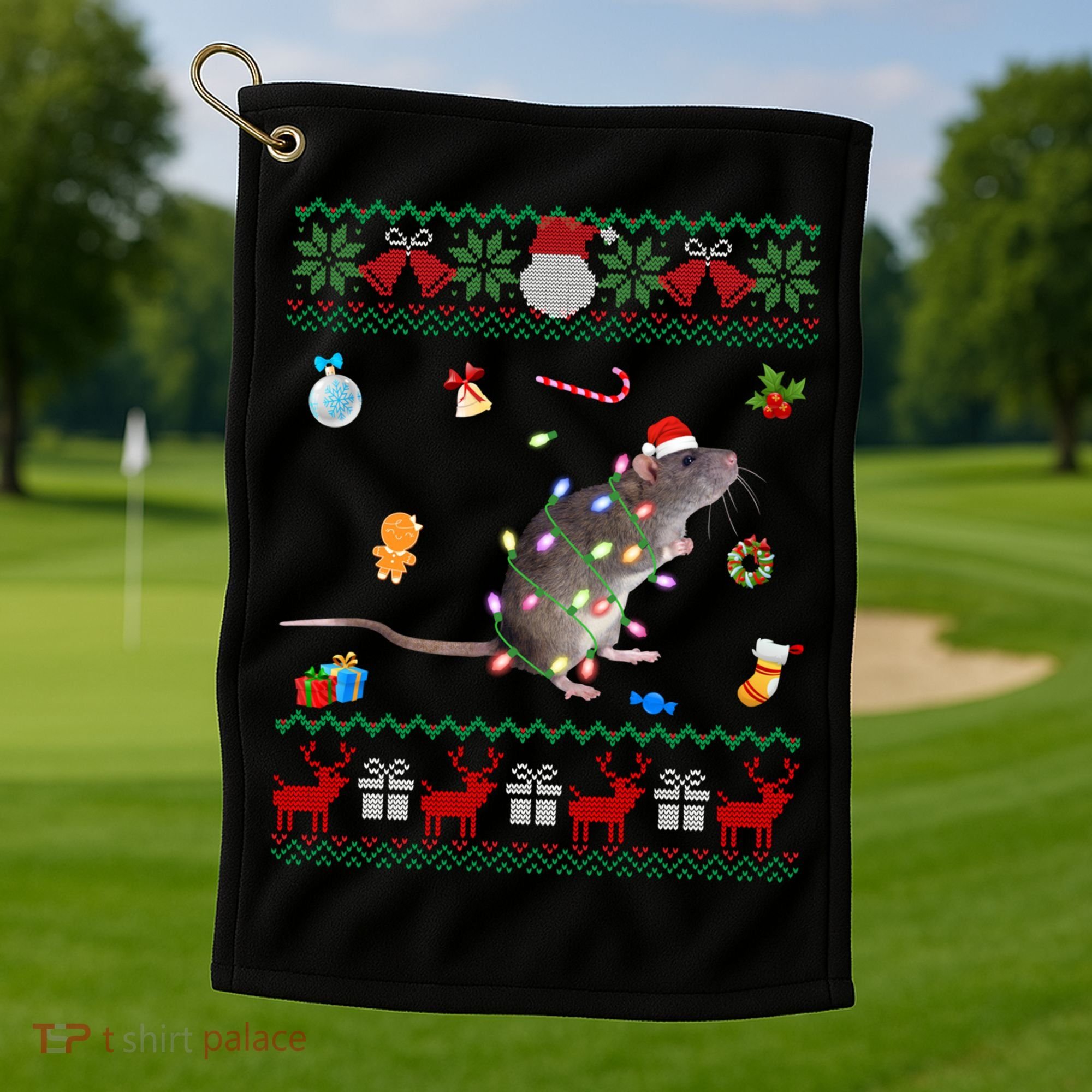 Funny Ugly Xmas Sweater Animals Lights Christmas Rat Funny Gift Golf Towel