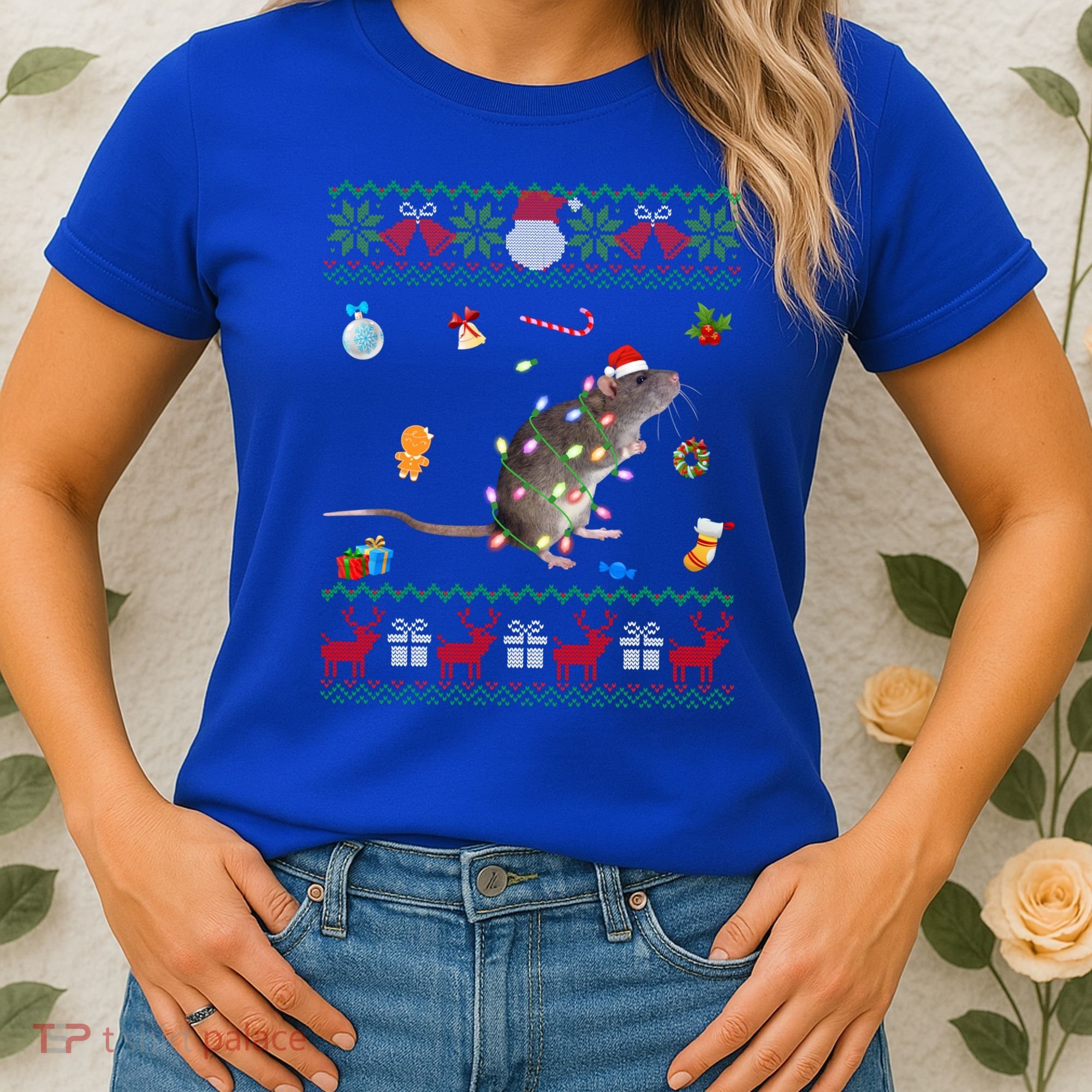 Funny Ugly Xmas Sweater Animals Lights Christmas Rat Funny Gift Women's T-Shirt