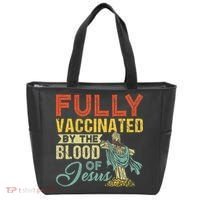 Fully Vaccinated By The Blood Of Jesus Funny Christian Tote Bag thumb 0