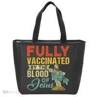 Fully Vaccinated By The Blood Of Jesus Funny Christian Tote Bag thumb 0