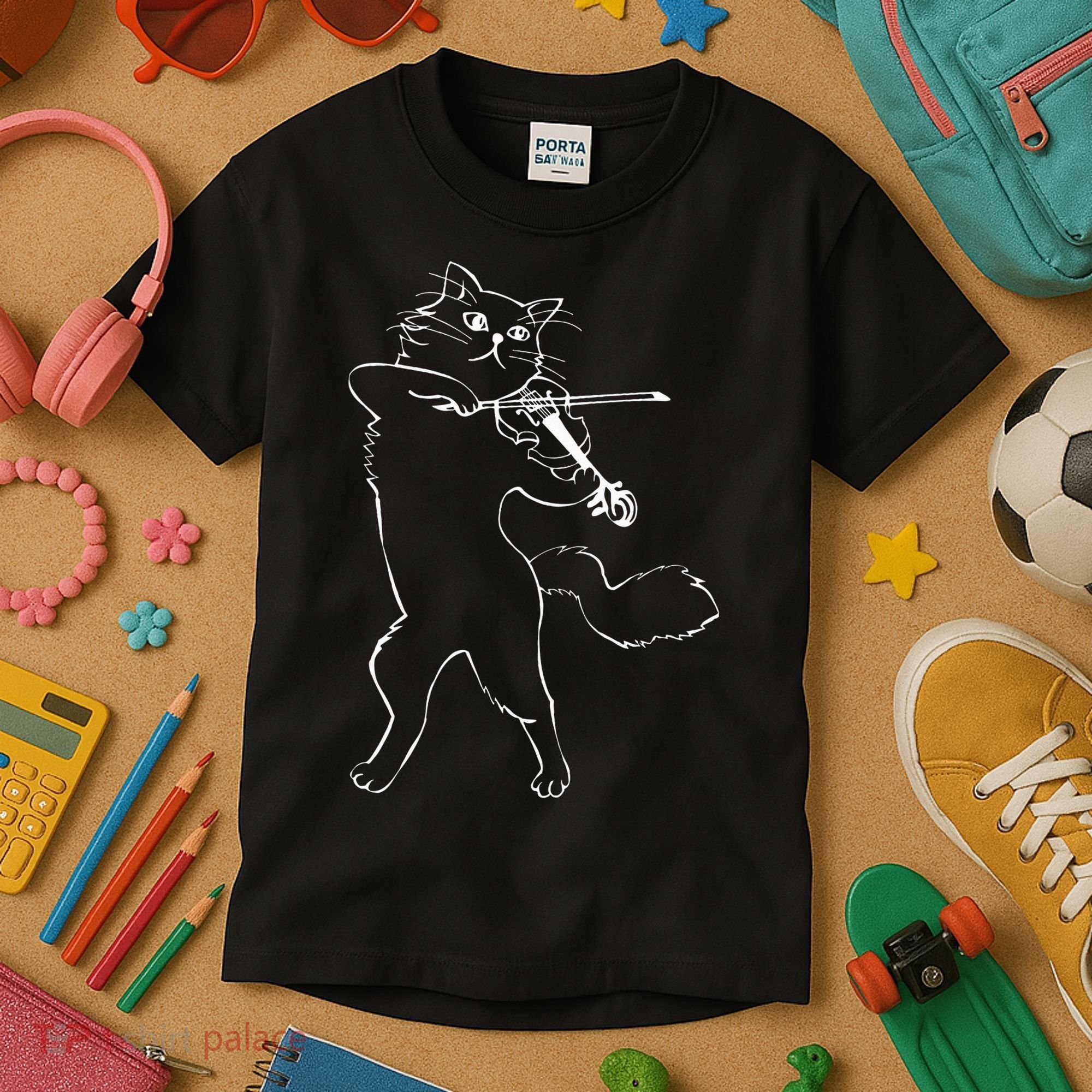 Fiddle Violin Cat Musician Instrument Band Strings Kids T-Shirt