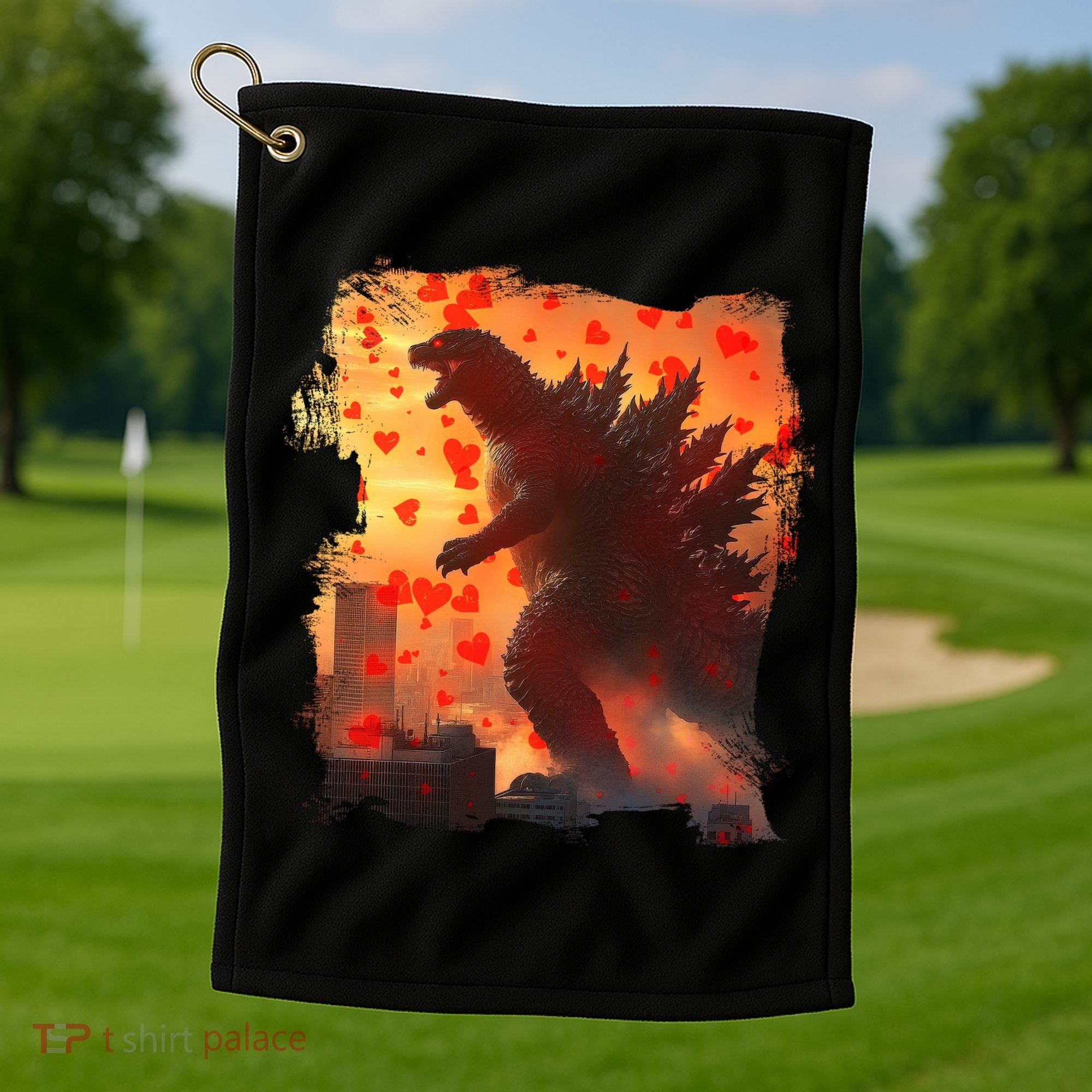 Funny Valentines Day Japanese Kaiju Monster Golf Towel