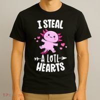 Funny Valentines Day Kawaii Axolotl Lover Anime Steal Hearts T-Shirt thumb 3