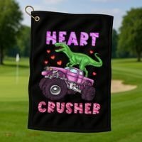 Funny Valentines Day Graphic Gift Heart Dinosaur Crusher Meaningful Gift Golf Towel thumb 1