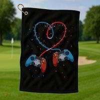 Funny Valentine's Day Gamer Couple Gift Controllers Heart Gift Golf Towel thumb 1