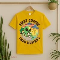 Funny Vintage First Coffee Then Human Alien Coffee Lover T-Shirt thumb 2