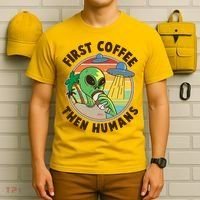 Funny Vintage First Coffee Then Human Alien Coffee Lover T-Shirt thumb 6