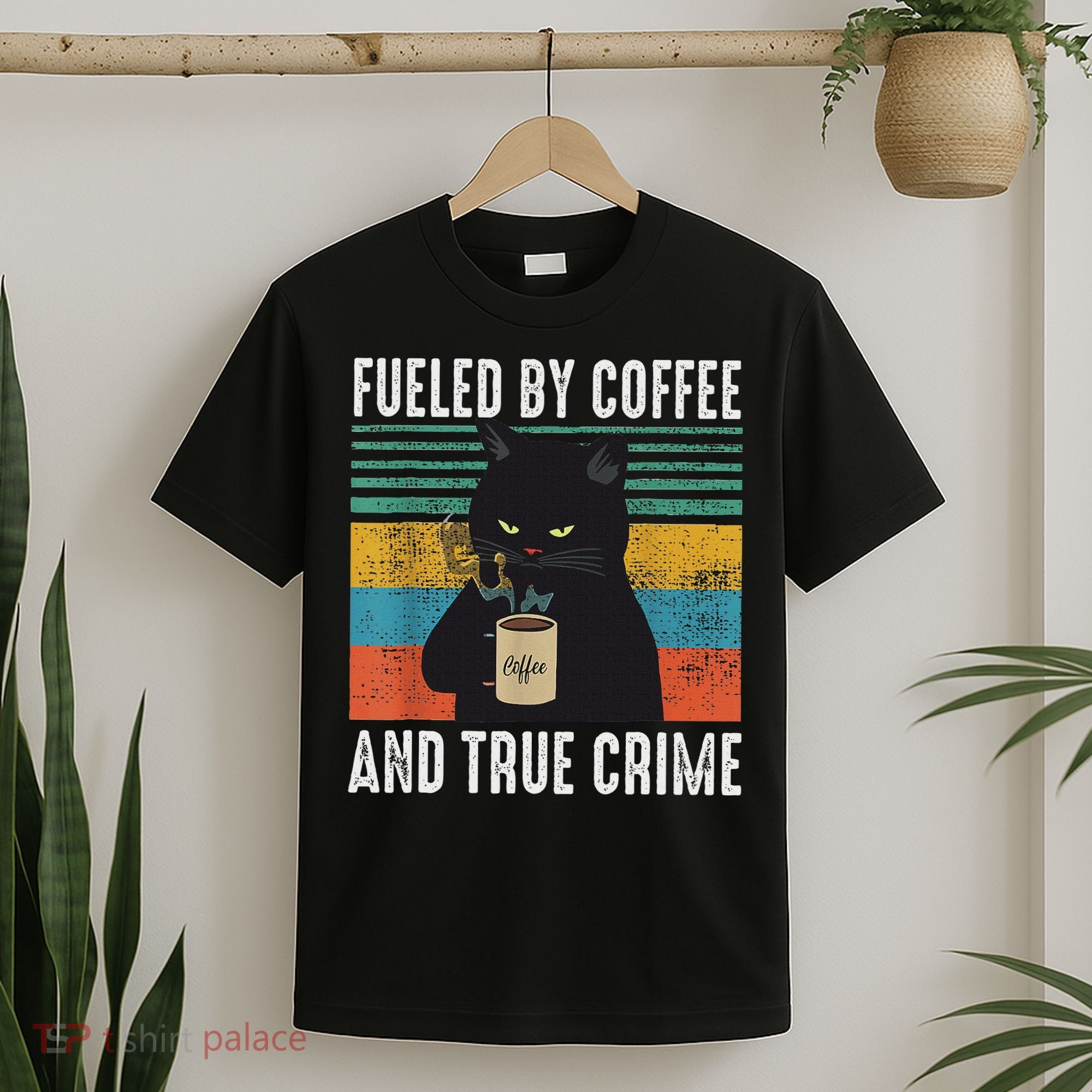 Funny Vintage Fueled By Coffee And True Crime For Cat Lovers T-Shirt