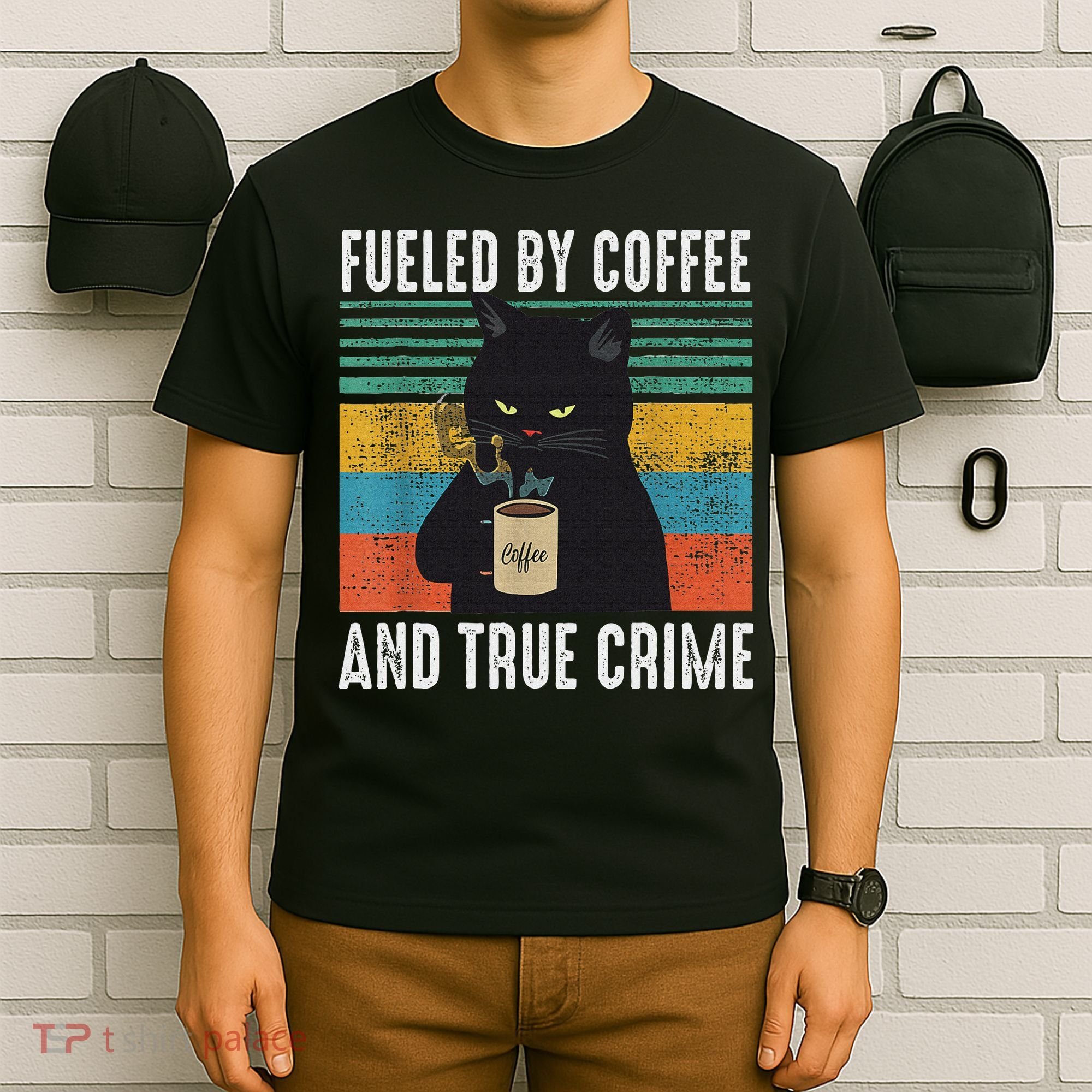 Funny Vintage Fueled By Coffee And True Crime For Cat Lovers T-Shirt