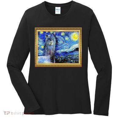 Funny Van Gogh Starry Night Llama Alpaca Women's Long Sleeve Shirt