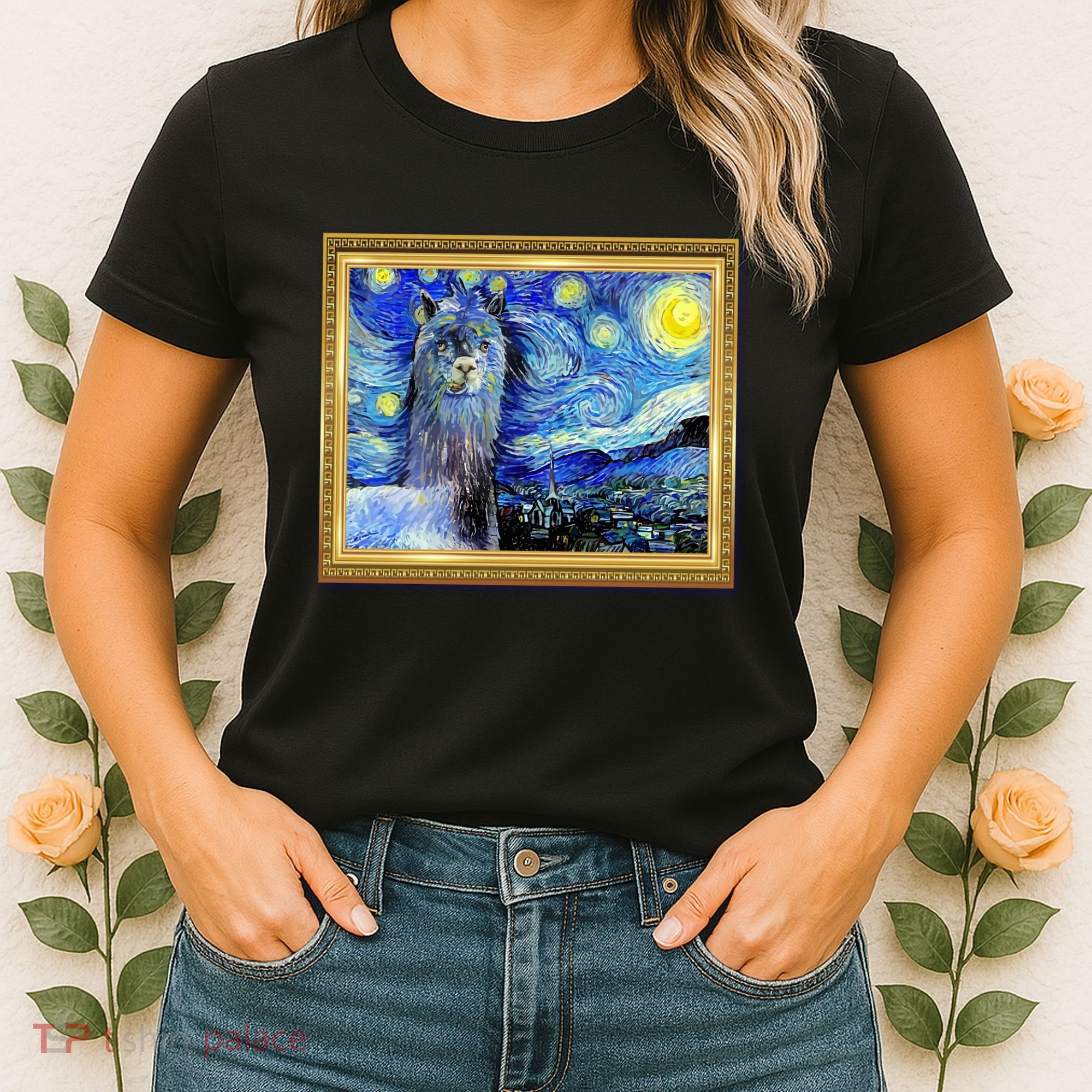 Funny Van Gogh Starry Night Llama Alpaca Women's T-Shirt