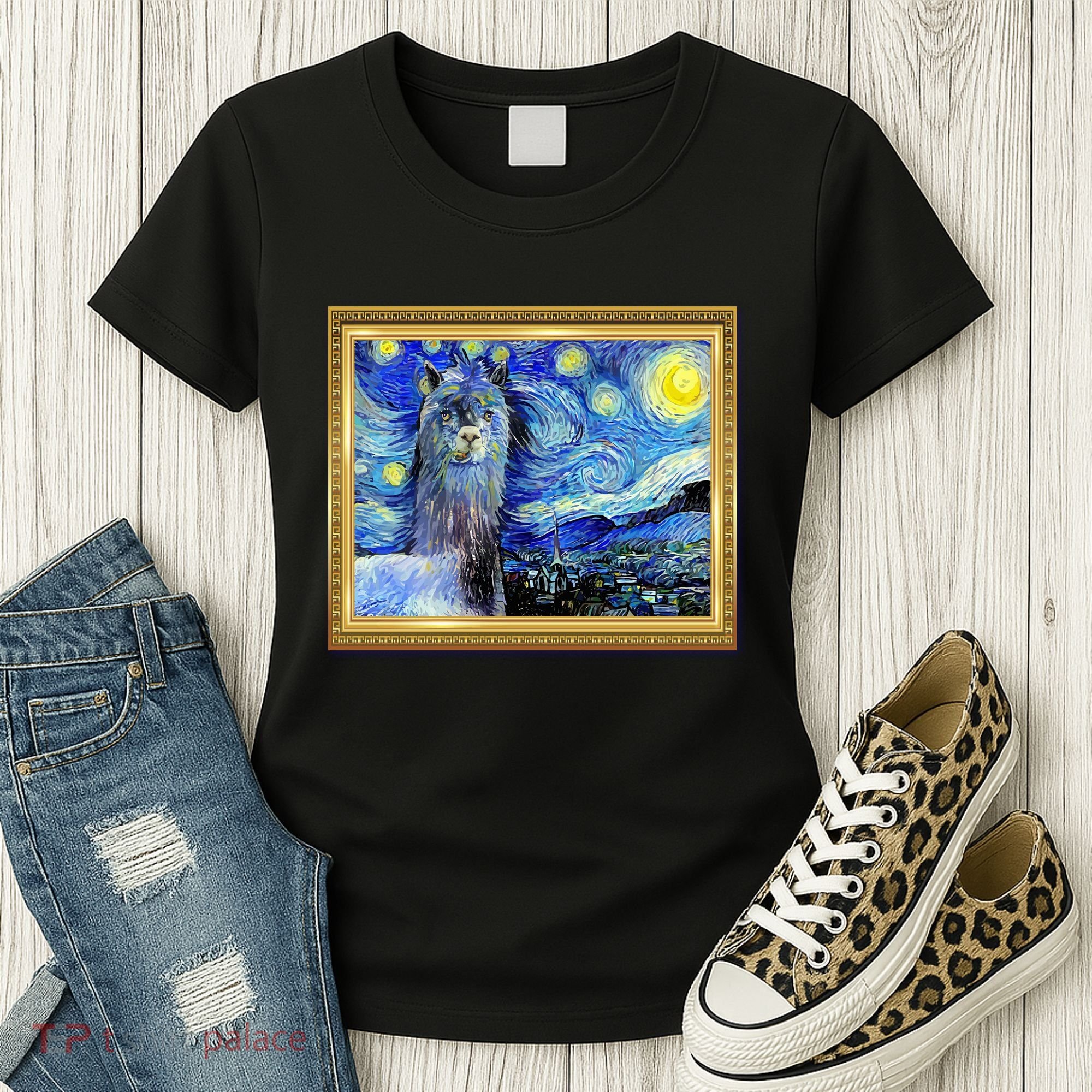 Funny Van Gogh Starry Night Llama Alpaca Women's T-Shirt