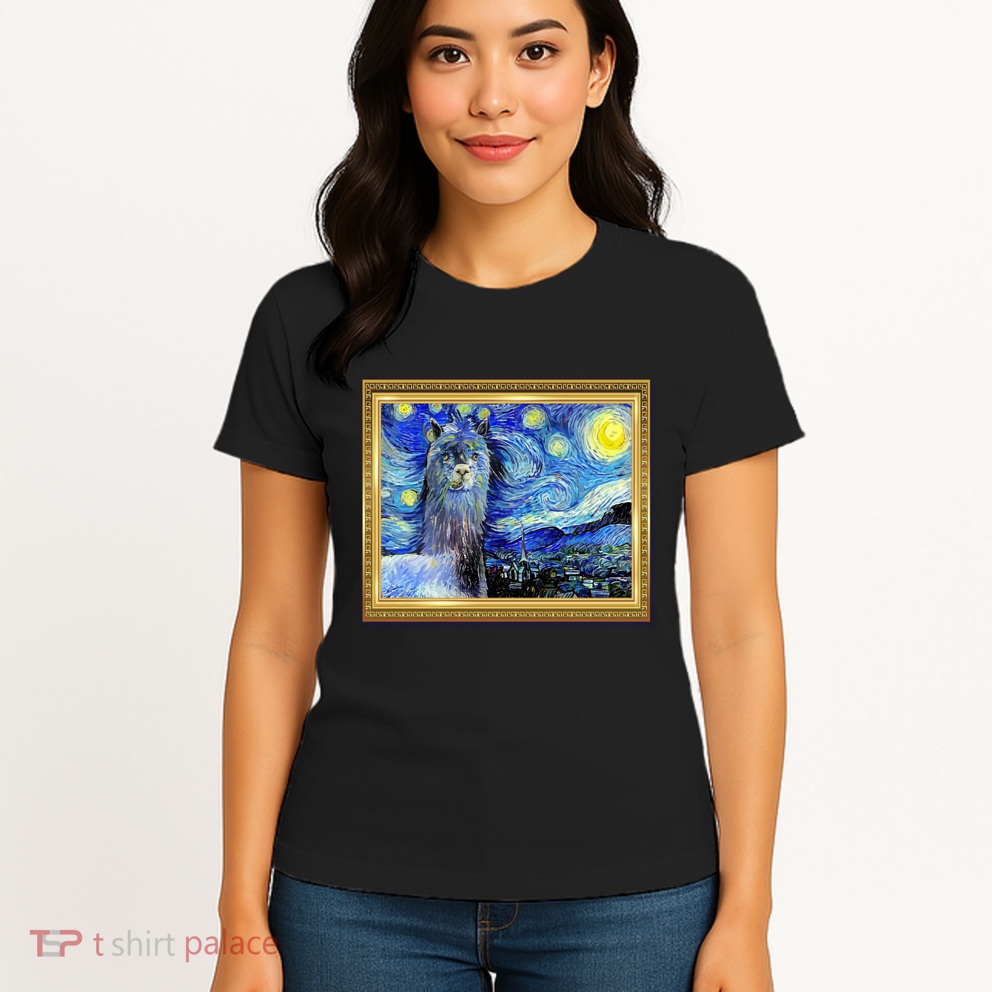 Funny Van Gogh Starry Night Llama Alpaca Women's T-Shirt