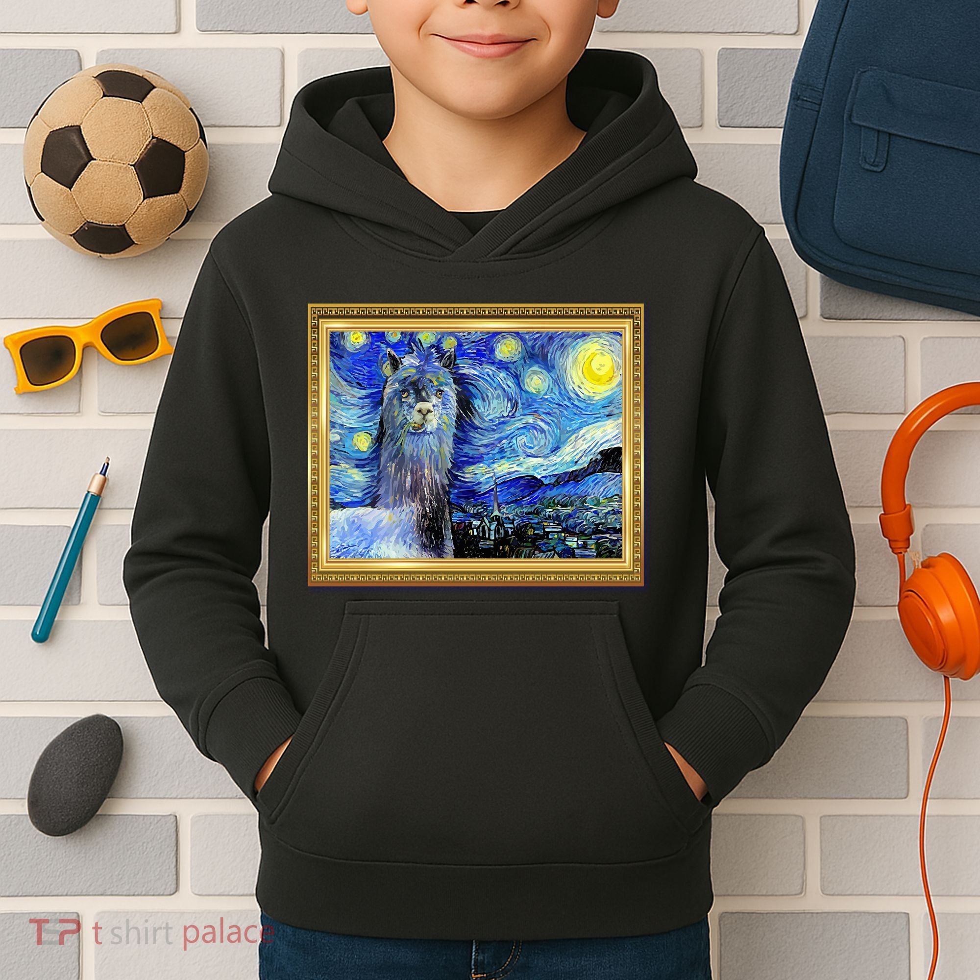 Funny Van Gogh Starry Night Llama Alpaca Kids Hoodie