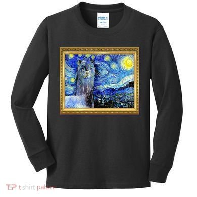 Funny Van Gogh Starry Night Llama Alpaca Kids Long Sleeve Shirt