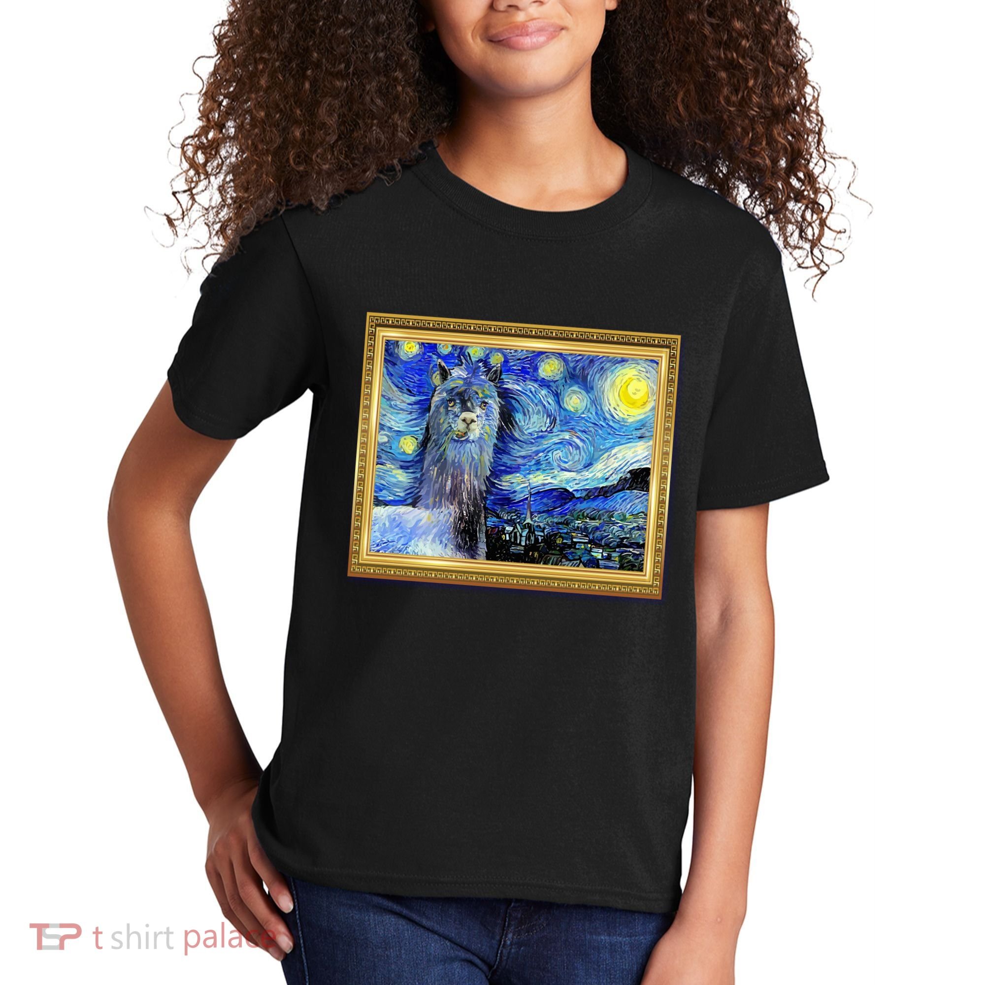 Funny Van Gogh Starry Night Llama Alpaca Kids T-Shirt
