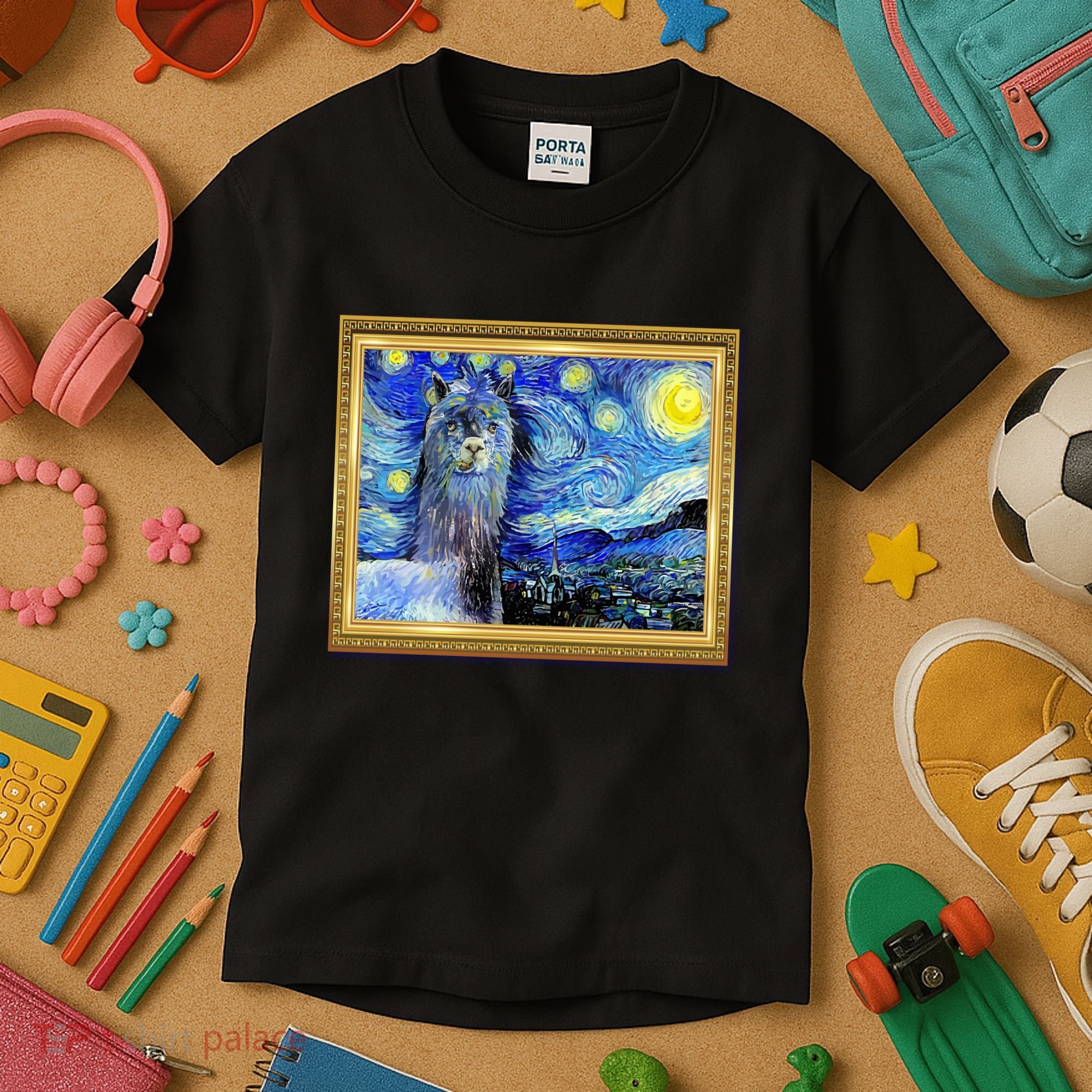 Funny Van Gogh Starry Night Llama Alpaca Kids T-Shirt
