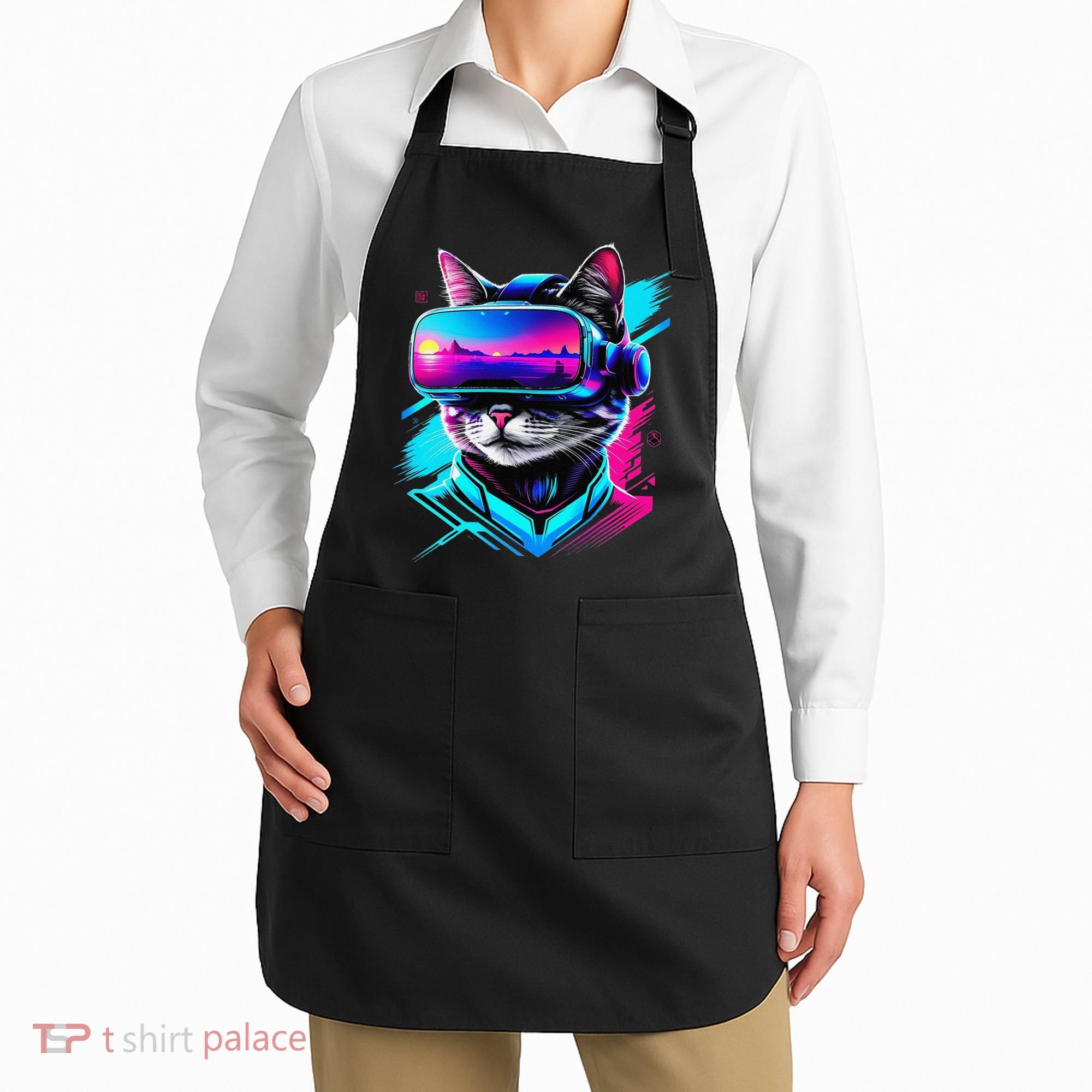 Funny Vr Gamer Cat In Vr Headset Virtual Reality Gaming Apron