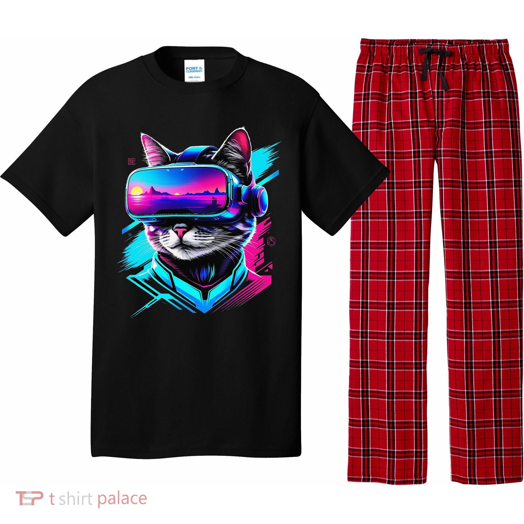 Funny Vr Gamer Cat In Vr Headset Virtual Reality Gaming Pajama Set