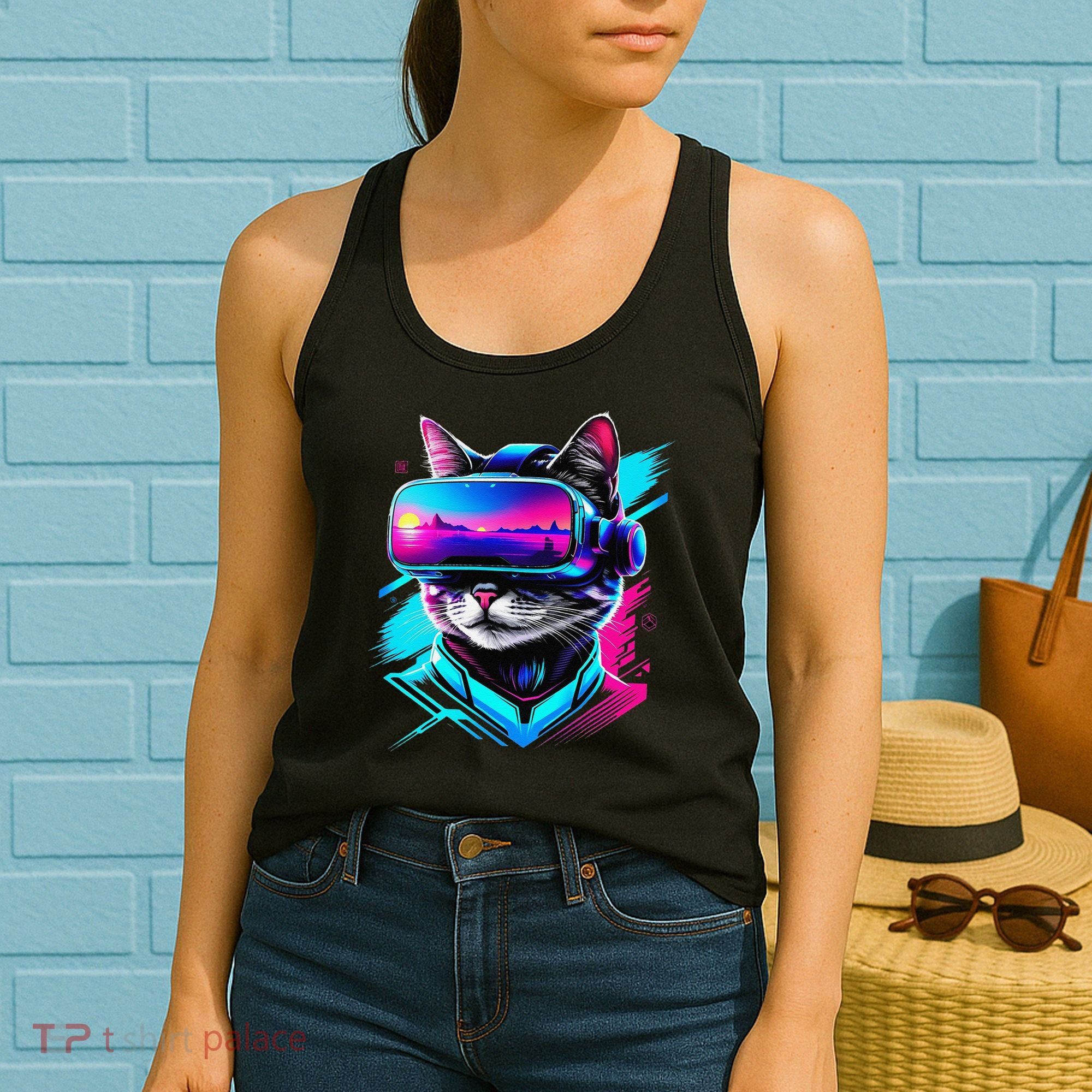 Funny Vr Gamer Cat In Vr Headset Virtual Reality Gaming Women's Tank Top