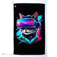 Funny Vr Gamer Cat In Vr Headset Virtual Reality Gaming Golf Towel thumb 0