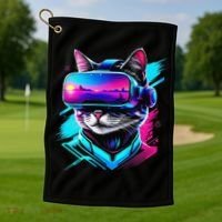 Funny Vr Gamer Cat In Vr Headset Virtual Reality Gaming Golf Towel thumb 1