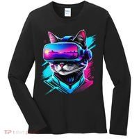 Funny Vr Gamer Cat In Vr Headset Virtual Reality Gaming Women's Long Sleeve Shirt thumb 0