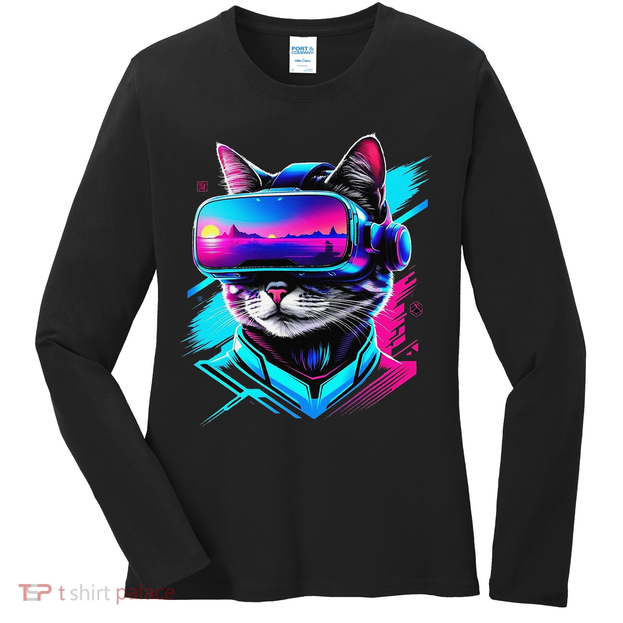 Funny Vr Gamer Cat In Vr Headset Virtual Reality Gaming Women's Long Sleeve Shirt