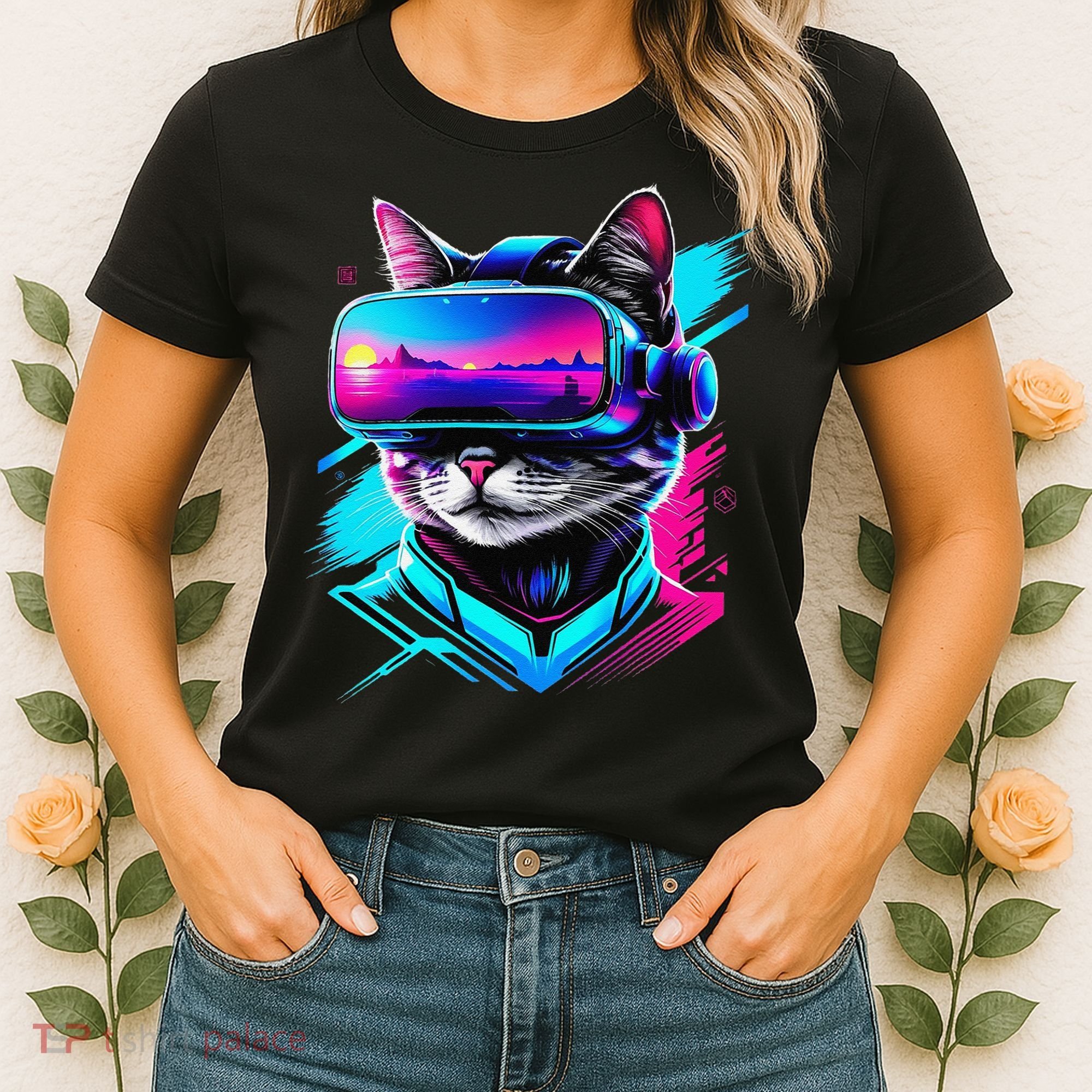 Funny Vr Gamer Cat In Vr Headset Virtual Reality Gaming Women's T-Shirt