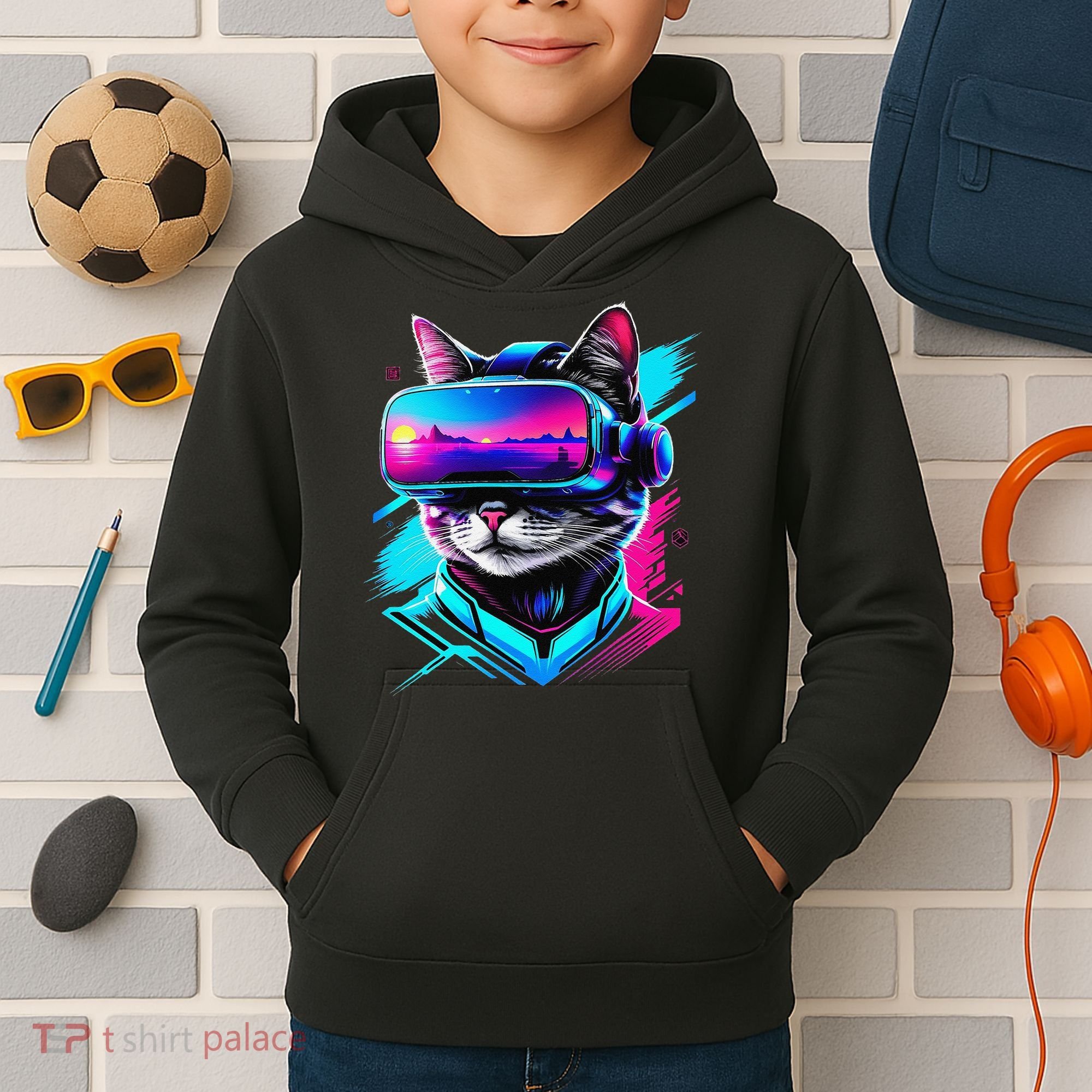Funny Vr Gamer Cat In Vr Headset Virtual Reality Gaming Kids Hoodie