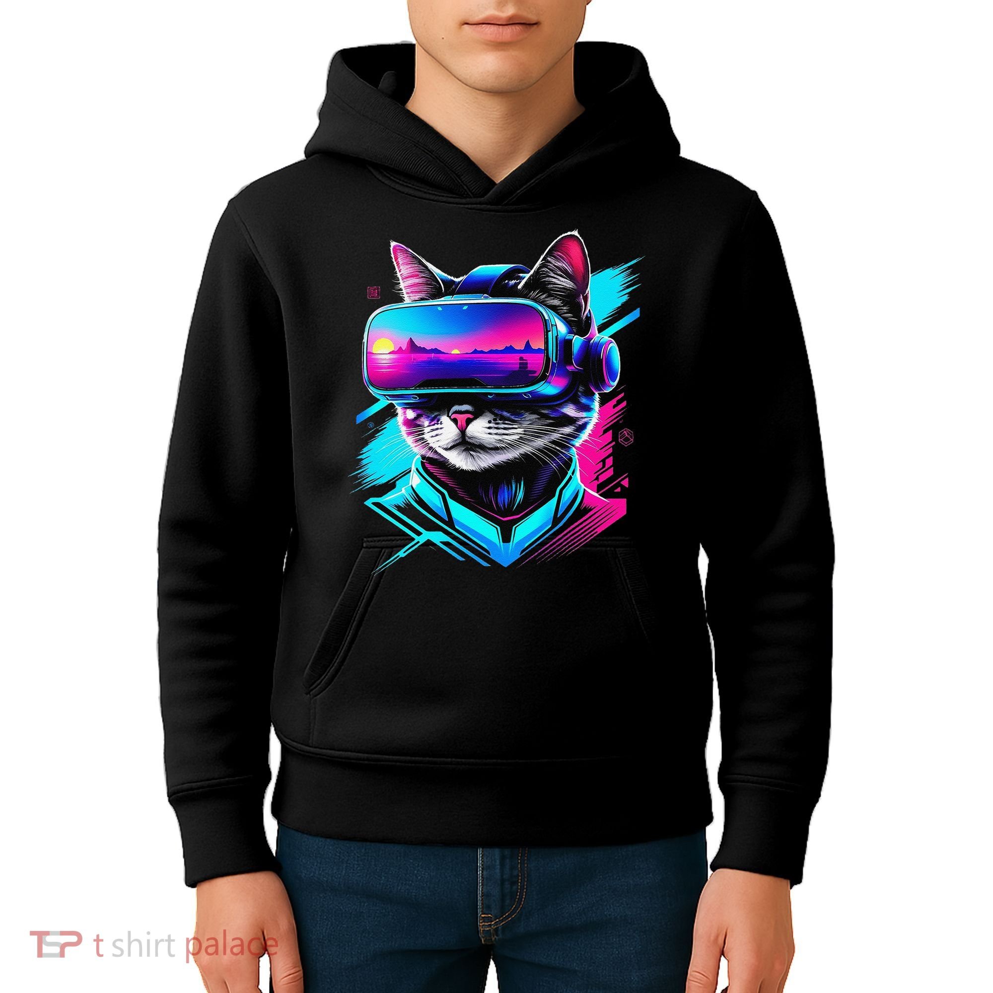 Funny Vr Gamer Cat In Vr Headset Virtual Reality Gaming Kids Hoodie