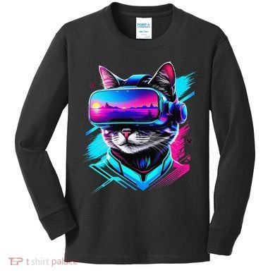 Funny Vr Gamer Cat In Vr Headset Virtual Reality Gaming Kids Long Sleeve Shirt