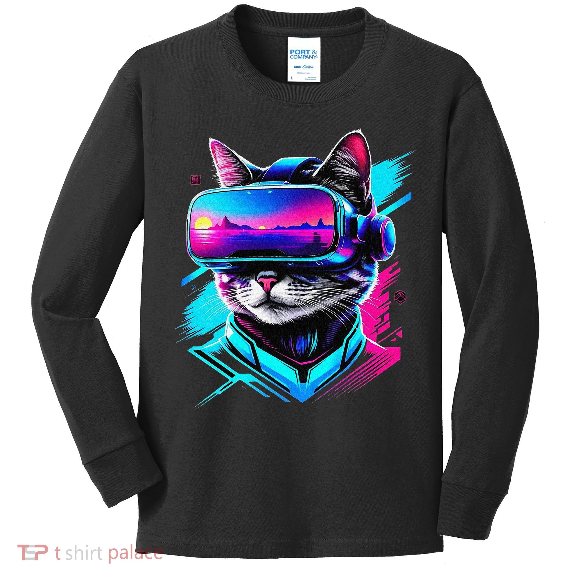 Funny Vr Gamer Cat In Vr Headset Virtual Reality Gaming Kids Long Sleeve Shirt
