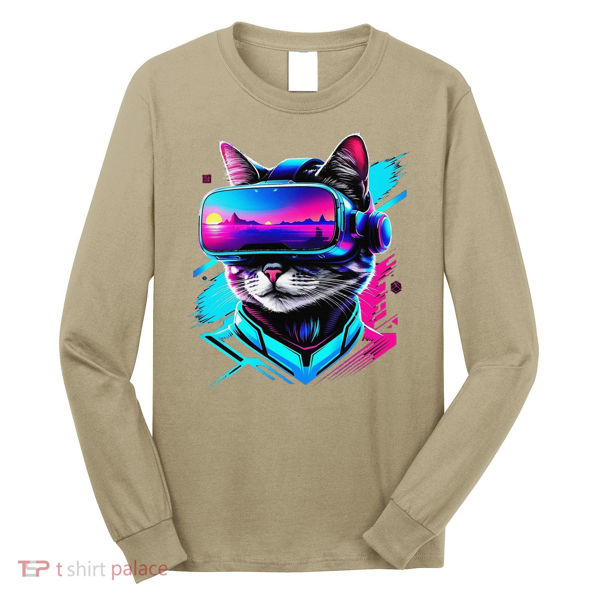 Funny Vr Gamer Cat In Vr Headset Virtual Reality Gaming Long Sleeve Shirt