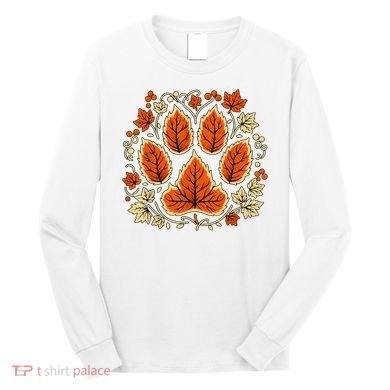 Fall Vine Leaf Dog Paw Print Autumn Maple Leaf Thanksgiving Long Sleeve Shirt