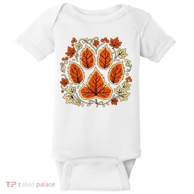 Fall Vine Leaf Dog Paw Print Autumn Maple Leaf Thanksgiving Baby Bodysuit
