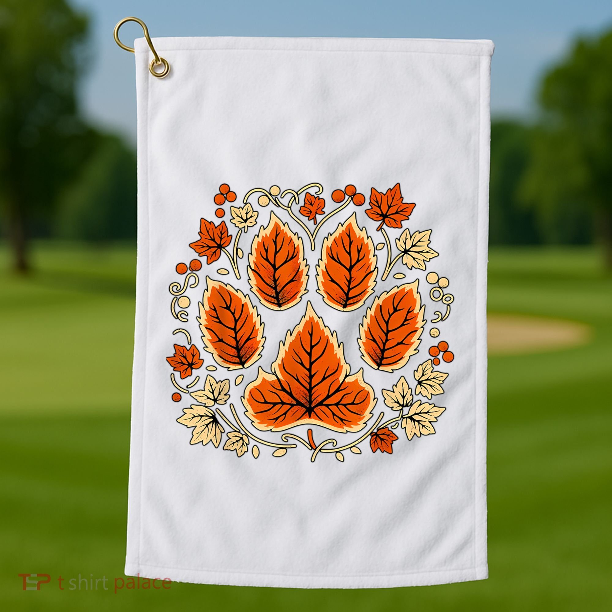 Fall Vine Leaf Dog Paw Print Autumn Maple Leaf Thanksgiving Golf Towel