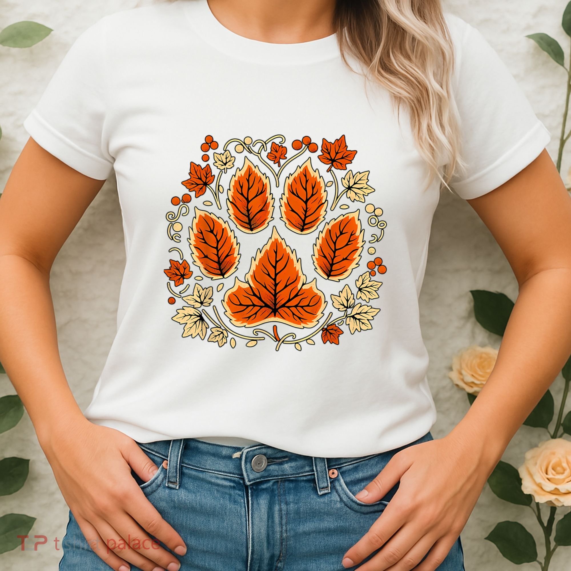 Fall Vine Leaf Dog Paw Print Autumn Maple Leaf Thanksgiving Women's T-Shirt