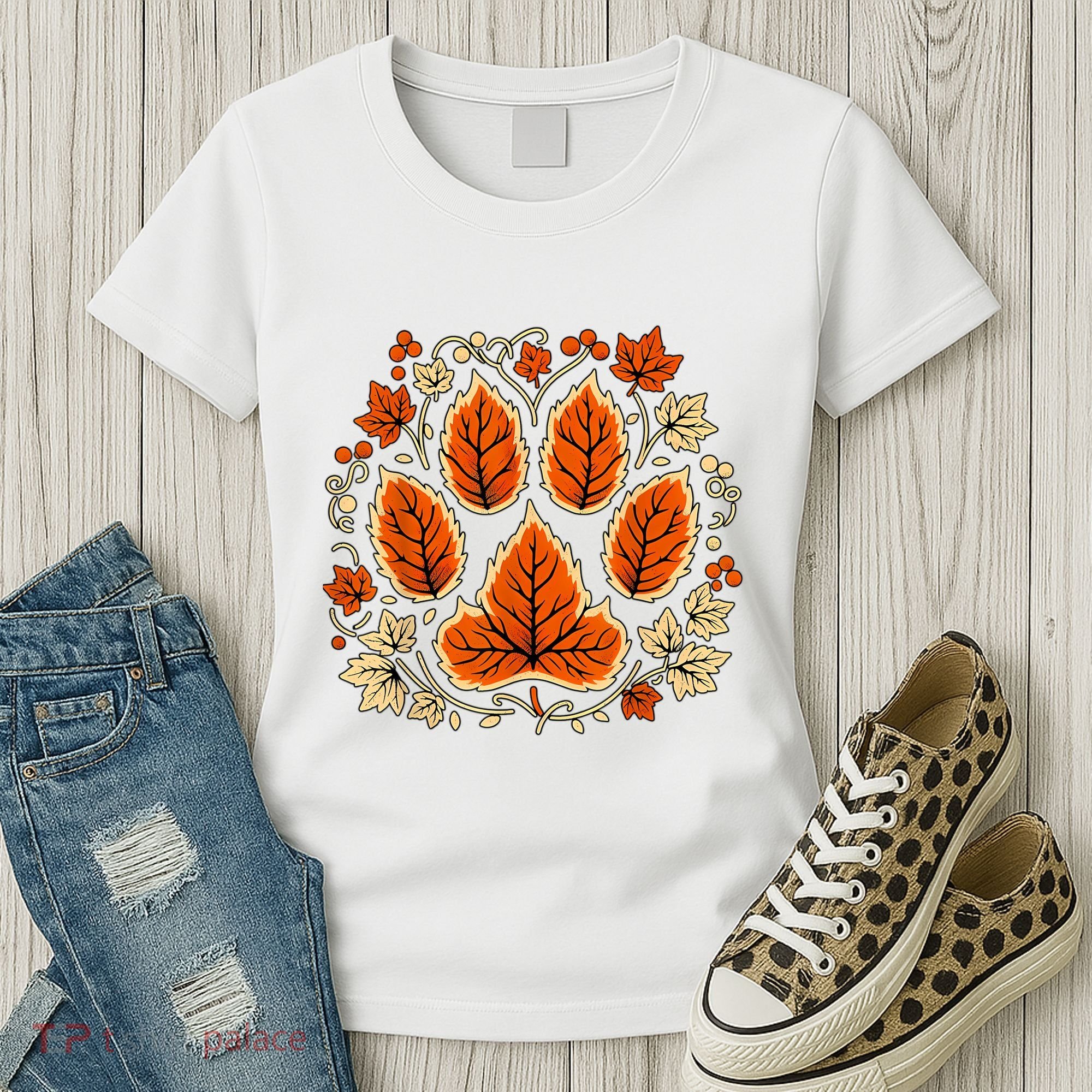 Fall Vine Leaf Dog Paw Print Autumn Maple Leaf Thanksgiving Women's T-Shirt