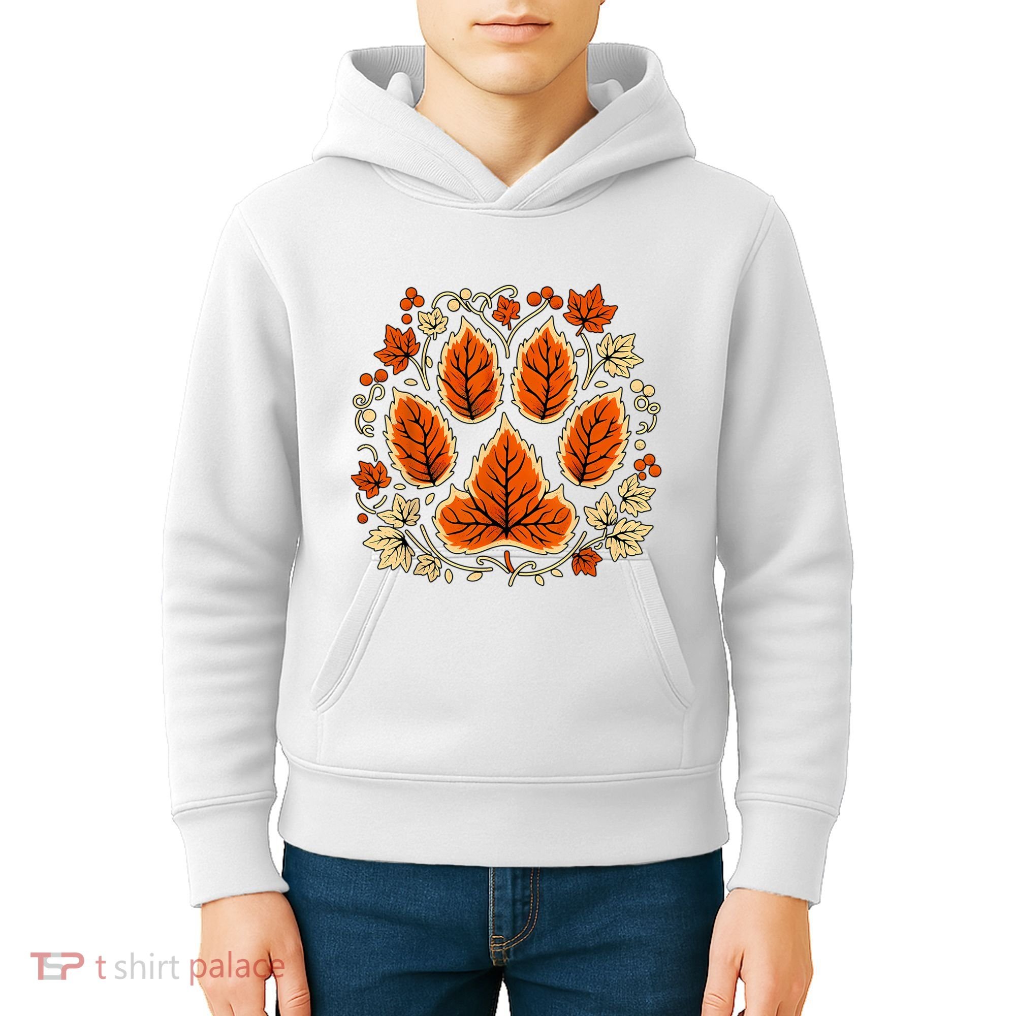 Fall Vine Leaf Dog Paw Print Autumn Maple Leaf Thanksgiving Kids Hoodie