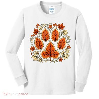 Fall Vine Leaf Dog Paw Print Autumn Maple Leaf Thanksgiving Kids Long Sleeve Shirt