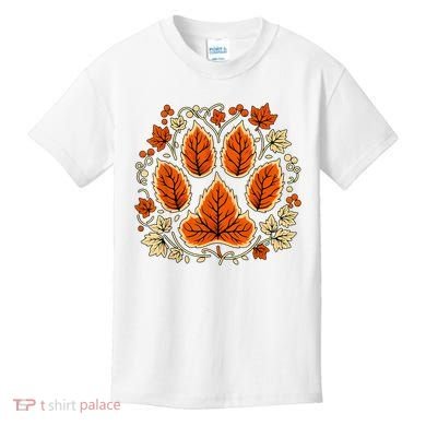 Fall Vine Leaf Dog Paw Print Autumn Maple Leaf Thanksgiving Kids T-Shirt