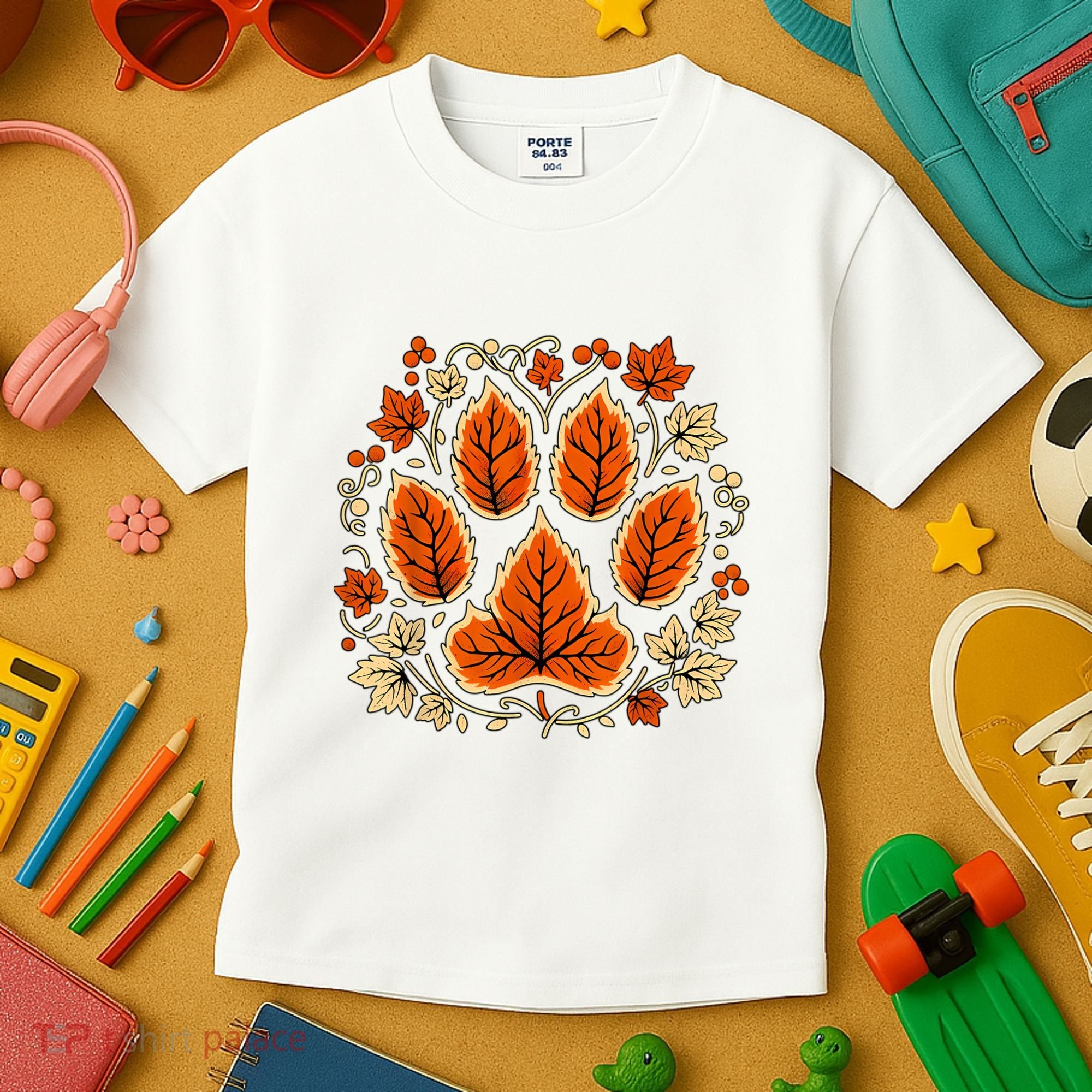 Fall Vine Leaf Dog Paw Print Autumn Maple Leaf Thanksgiving Kids T-Shirt