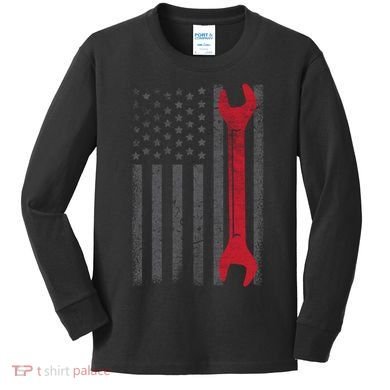 Funny Vintage Mechanic Distressed American Flag Kids Long Sleeve Shirt