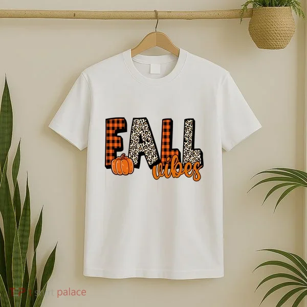 Fall Vibes Pumpkin Plaid Cheetah T-Shirt