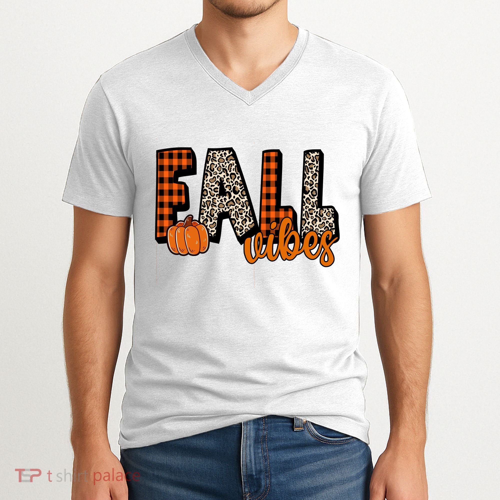 Fall Vibes Pumpkin Plaid Cheetah V-Neck T-Shirt