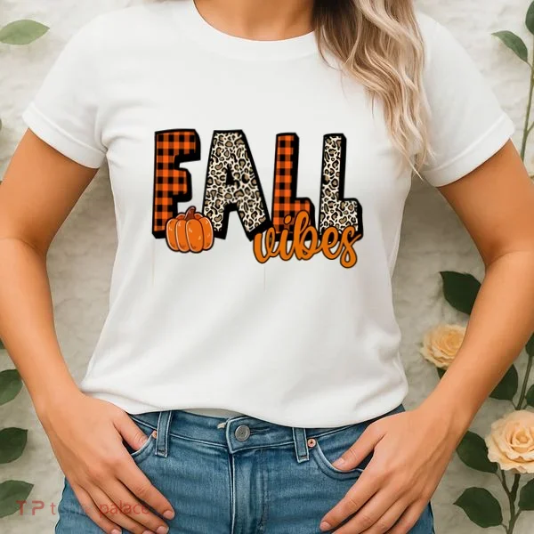 Fall Vibes Pumpkin Plaid Cheetah Women's T-Shirt
