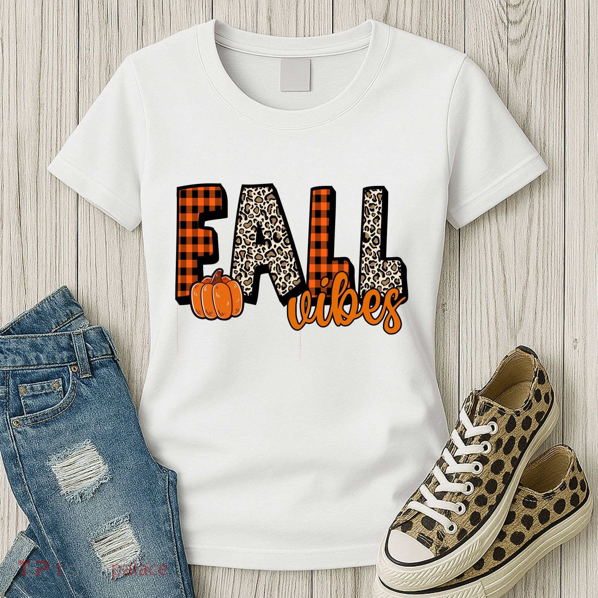 Fall Vibes Pumpkin Plaid Cheetah Women's T-Shirt