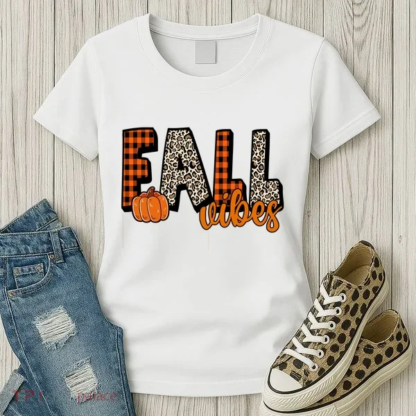 Fall Vibes Pumpkin Plaid Cheetah Women's T-Shirt