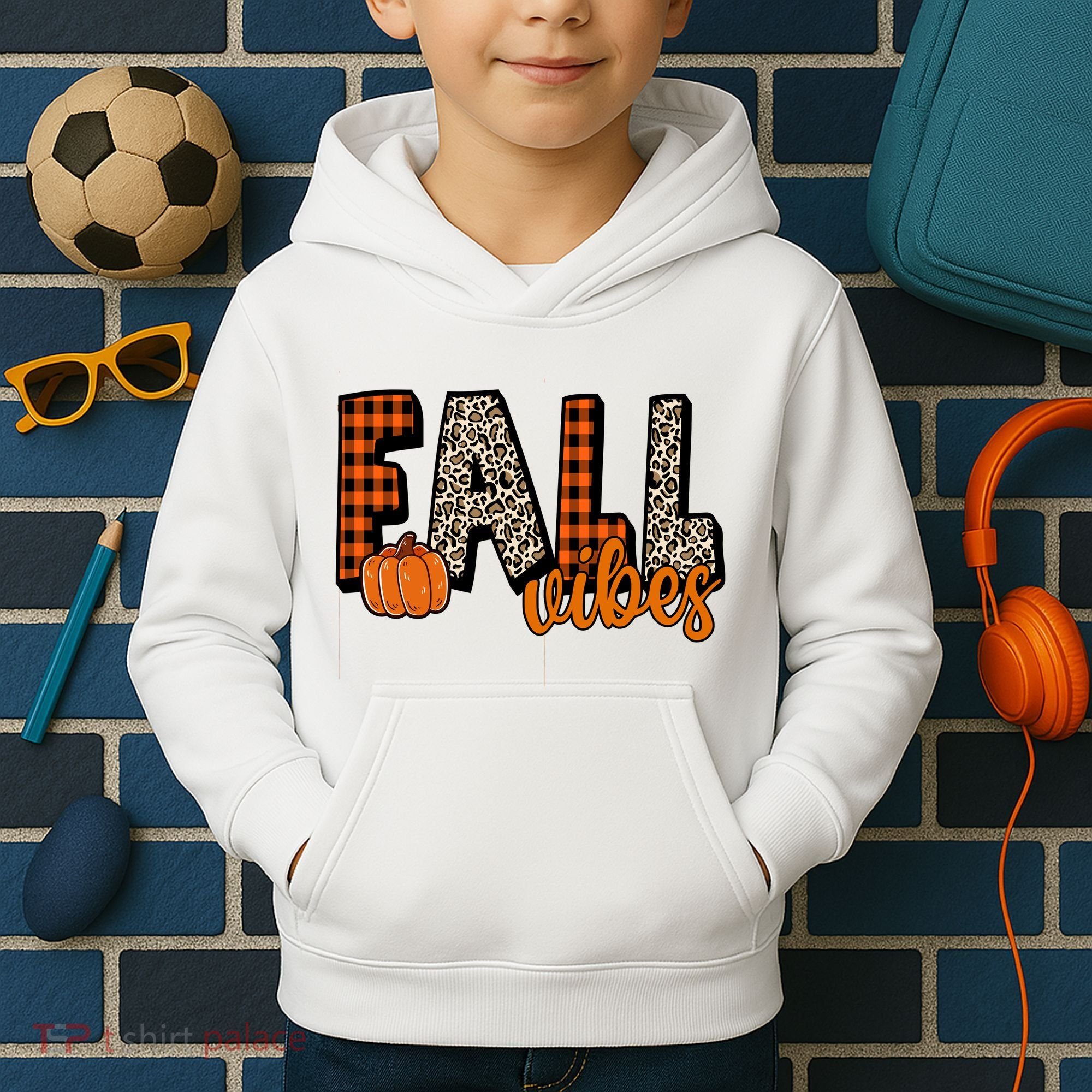 Fall Vibes Pumpkin Plaid Cheetah Kids Hoodie